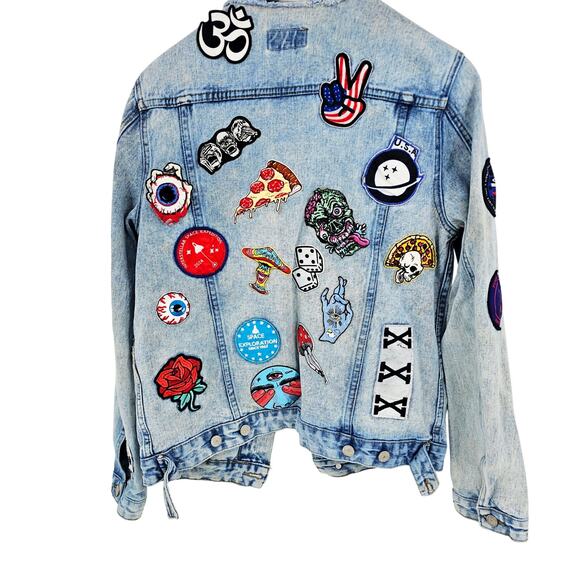 ASOS Retro Denim Jacket Patches Light Blue Space Theme Men's M 3643 - Picture 2 of 11